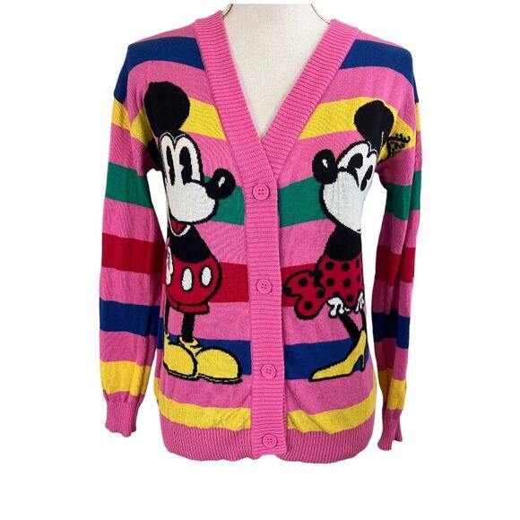 Disney 100 Years Mickey Minnie Pink Girls' Retro Striped Cardigan Large - Picture 3 of 4